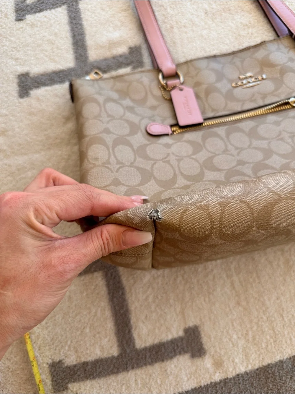 Coach Beige Signature Tote with Pink Leather Handles 2019 Coach gallery tote